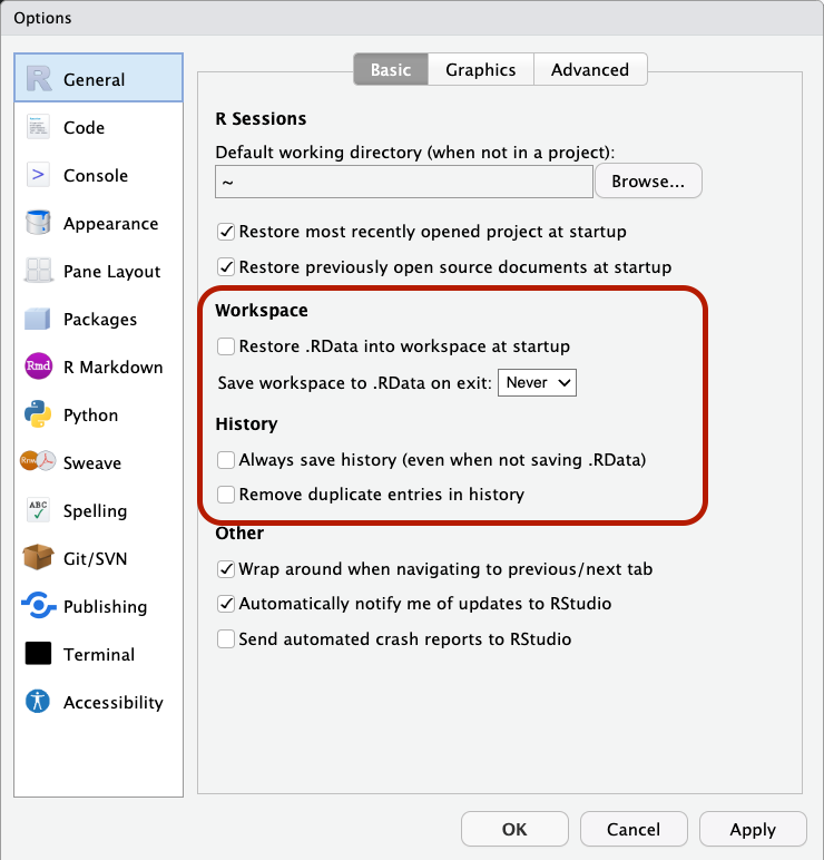 image of RStudio global settings pane with the "Workspace" and "History" sections highlighted.  None of the boxes are checked and the dropdown for "Save workspace to .RData on exit" is set to "never"